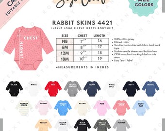 Rabbit Skins 4421 Size + Color Chart | EDITABLE Canva Template | 4421 Infant Long Sleeve Jersey Bodysuit | 4421 Size Chart | CANVA Editable