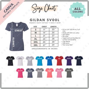 May include: A navy blue Gildan 5V00L women's heavy cotton V-neck t-shirt with a size chart. The chart shows chest measurements from 17 to 27 inches and lengths from 25 1/2 to 29 inches. Available in various colors, including black, white, and red.