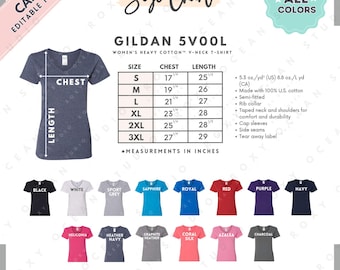 Tabela de Tamanhos e Cores da Camiseta Gildan 5V00L | Modelo EDITÁVEL no Canva | Camiseta Feminina de Algodão Pesado com Decote em V G500VL | Tabela de Tamanhos G500VL | Modelo Editável no Canva