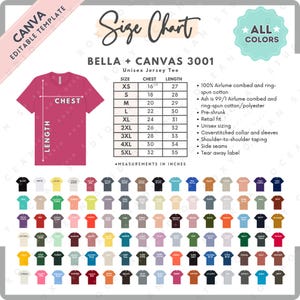 Bella Canvas 3001 Größentabelle + Farbkarte | EDITIERBARE Canva Vorlage | 3001 Unisex Jersey T-Shirt | 3001 Größentabelle | CANVA bearbeitbare Größentabelle