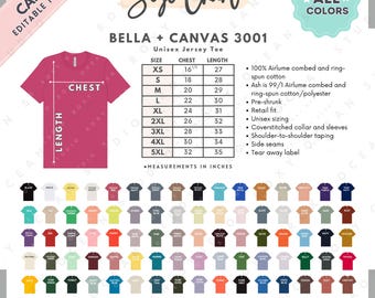Bella Canvas 3001 Size + Color Chart | EDITABLE Canva Template | 3001 Unisex Jersey Tee | 3001 Size Chart | CANVA Editable Size Chart
