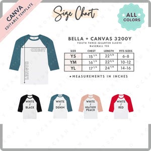 Tabla de tallas y colores Bella Canvas 3200Y / Plantilla Canva EDITABLE / Camiseta de béisbol juvenil 3200Y / Tabla de tallas 3200Y / Tabla de tallas editable CANVA