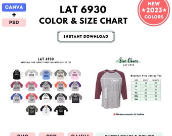 LAT 6930 Color + Size Chart | EDITABLE Canva Template | 6930 Baseball Three-Quarter Sleeve Tee | 6930 Size Chart | Canva + PSD Editable