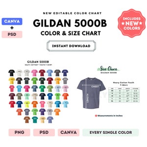 G500B Farben + Maßtabelle | EDITIERBARE Canva Vorlage | G500B Heavy Cotton Jugend T-Shirt | G500B Größentabelle | CANVA + PSD bearbeitbare Farbkarte