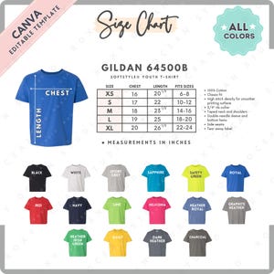 Könnte beinhalten: Größentabelle für das Gildan 64500B Softstyle Youth T-Shirt. Die Tabelle zeigt die Größen XS bis XL mit den entsprechenden Brust- und Längenmaßen in Zoll. Die Tabelle enthält auch die empfohlene Altersgruppe für jede Größe. Das Bild zeigt eine Vielzahl von T-Shirt-Farben, darunter Schwarz, Weiß, Sportgrau, Saphir, Sicherheitsgrün, Royal, Rot, Marine, Limette, Heliconia, Heather Royal, Graphite Heather, Heather Irish Green, Daisy, Dark Heather und Charcoal.