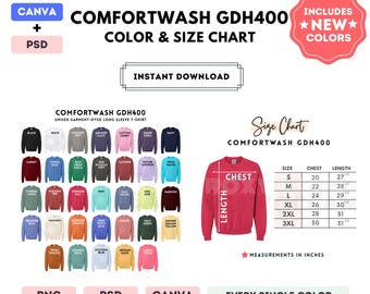 Comfortwash GDH400 Color + Size Chart | EDITABLE Canva Template | GDH400 Crewneck Sweatshirt | GDH400 Size Chart | CANVA + PSD Editable