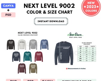 Next Level 9002 Color + Size Chart | EDITABLE Canva Template | 9002 Malibu Crewneck Sweatshirt | 9002 Size Chart | CANVA + PSD Editable