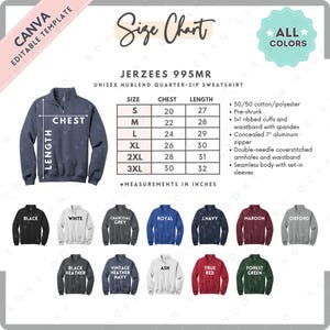 May include: A size chart for a Jerzees 995MR unisex quarter-zip sweatshirt. The chart displays chest and length measurements in inches for sizes S through 3XL. It lists product features including 50/50 cotton/polyester fabric and 13 color options.