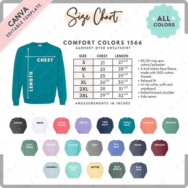 Comfort Colors 1566 Size + Color Chart | EDITABLE Canva Template | 1566 Garment-Dyed Sweatshirt | 1566 Size Chart | CANVA Editable Size