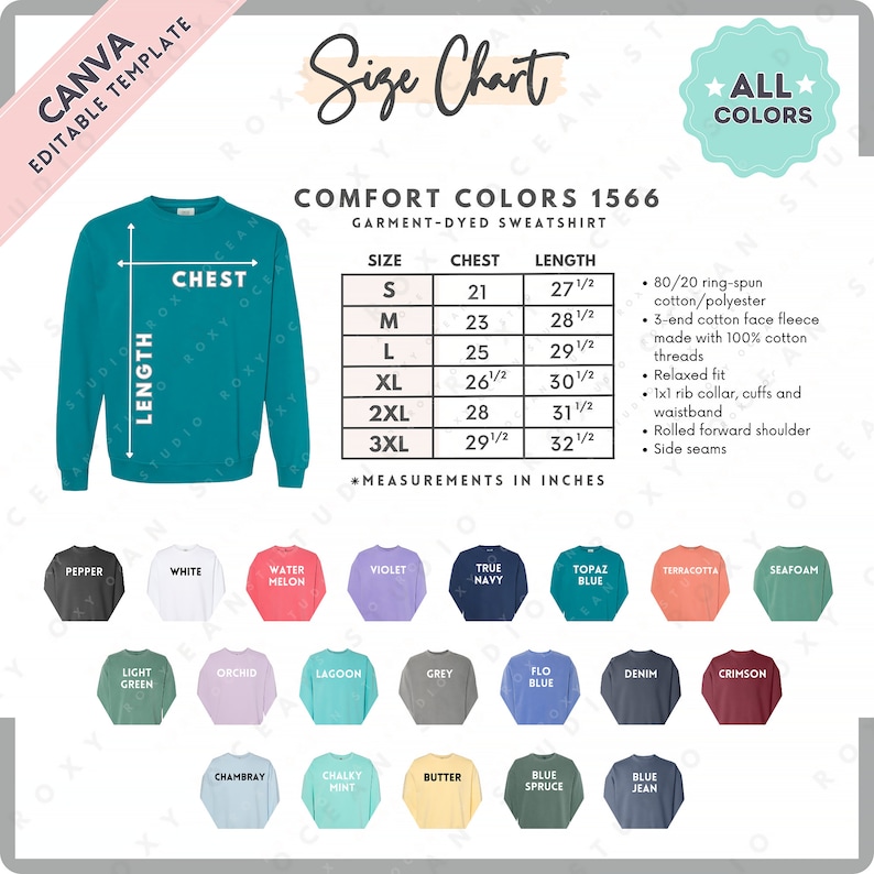 Comfort Colors 1566 Size Color Chart EDITABLE Canva Template 1566 Garment-Dyed Sweatshirt 1566 Size Chart CANVA Editable Size image 1