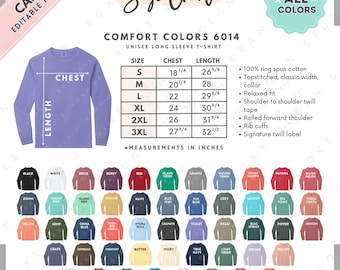 Comfort Colors 6014 Size + Color Chart | EDITABLE Canva Template | 6014 Long Sleeve T-Shirt | 6014 Size Chart | CANVA Editable Size