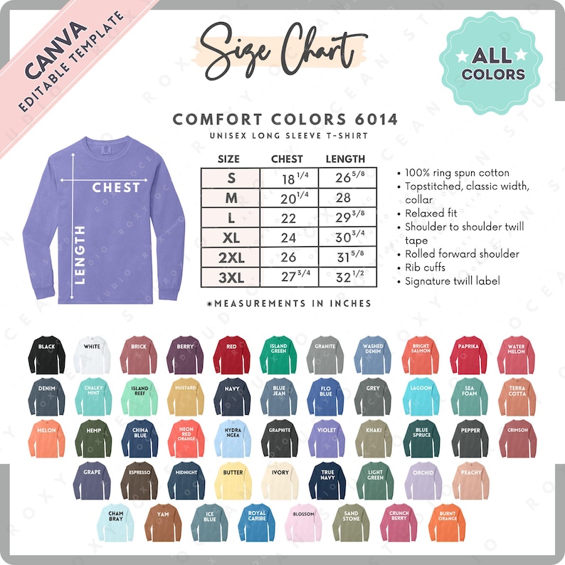 Comfort Colors 6014 Size + Color Chart | EDITABLE Canva Template | 6014 Long Sleeve T-Shirt | 6014 Size Chart | CANVA Editable Size image 1