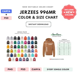 Jerzees 996MR Farbe + Größentabelle | EDITIERBARE Canva Vorlage | 996MR Kapuzen-Sweatshirt | 996MR Größentabelle | CANVA + PSD bearbeitbare Farbkarte