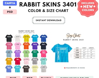 Rabbit Skins 3401 Color + Size Chart | EDITABLE Canva Template | 3401 Infant Cotton Jersey Tee | 3401 Size Chart | CANVA + PSD Editable