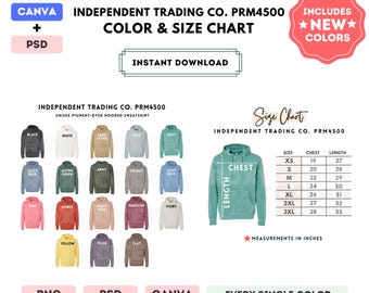 Independent Trading Co. PRM4500 Color + Size Chart | EDITABLE Canva Template | PRM4500 Hooded Sweatshirt | PRM4500 Size Chart | CANVA + PSD
