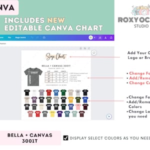 May include: A Canva design template showcasing a size chart for Bella + Canvas 3001T toddler t-shirts. The chart includes chest and length measurements in inches. The design also features a color selection guide and editable options.
