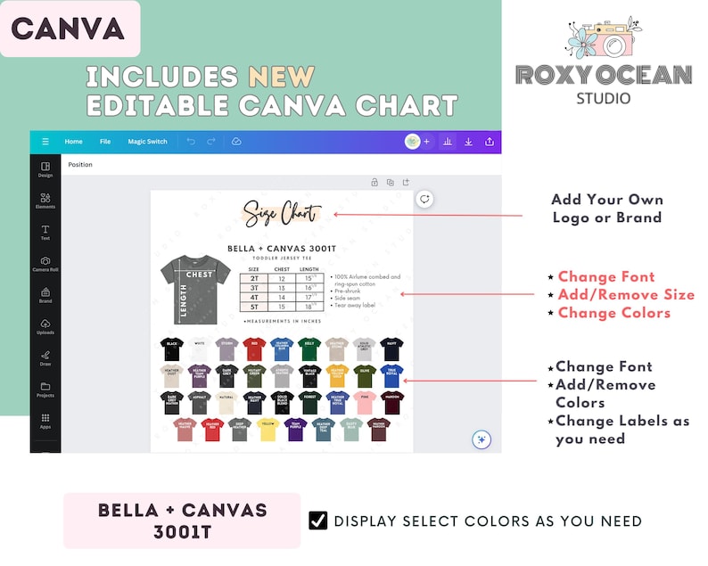 May include: A Canva design template showcasing a size chart for Bella + Canvas 3001T toddler t-shirts. The chart includes chest and length measurements in inches. The design also features a color selection guide and editable options.