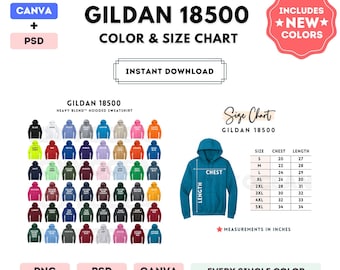 G185 Color + Size Chart | EDITABLE Canva Template | G185 Heavy Blend Hooded Sweatshirt | G185 Size Chart | CANVA + PSD Editable Color Chart