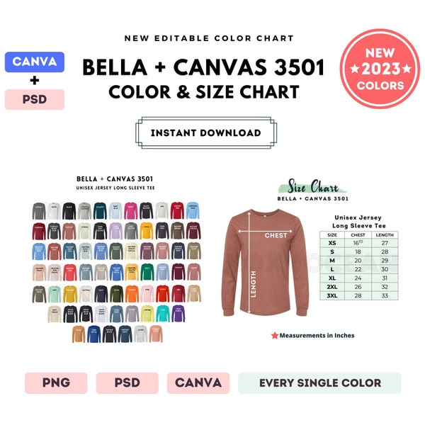 Bella Canvas 3501 Color + Size Chart | EDITABLE Canva Template | 3501 Unisex Jersey Long Sleeve Tee | 3501 Size Chart | CANVA + PSD Template