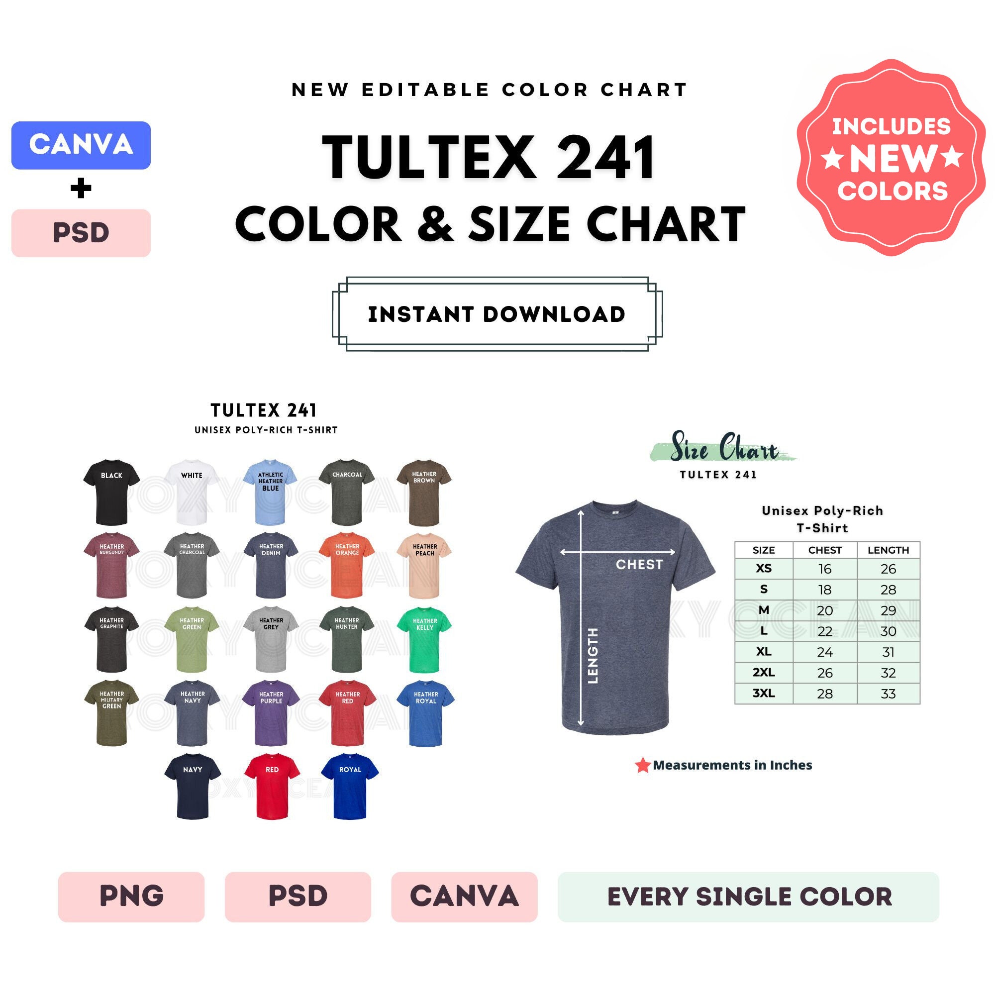 Tultex 241 Color + Size Chart | EDITABLE Canva Template | 241 Unisex ...