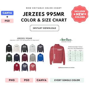 Jerzees 995MR Tabla de colores y tallas / Plantilla editable de Canva / Sudadera con cremallera de un cuarto Nublend 995MR / Tabla de tallas 995MR / Plantilla editable de Canva + PSD