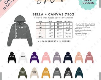 Tabela de Tamanhos e Cores Bella Canvas 7502 | Modelo EDITÁVEL no Canva | Moletom com Capuz Cropped 7502 | Tabela de Tamanhos 7502 | CANVA Editável