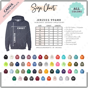 Jerzees 996MR Size + Color Chart | EDITABLE Canva Template | 996MR Hooded Sweatshirt | 996MR Size Chart | CANVA Editable Size Chart