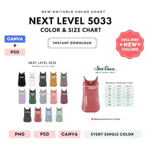 Op de afbeelding: Een kleuren- en maattabel voor de Next Level 5033 Women's Festival Tank. De tabel bevat een maattabel met borst- en lengtematen in inches. Het toont ook verschillende tanktopkleuren, waaronder zwart, wit en antique denim.