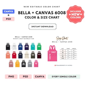 Può includere: Una tabella colori e taglie per canotte da donna Bella + Canvas 6008. La tabella include una guida alle taglie con misure di petto e lunghezza in pollici. L'immagine mostra anche una varietà di colori di canotte.