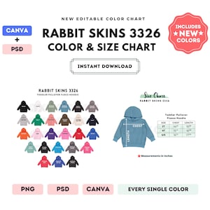 Op de afbeelding: Een kleurenkaart voor fleece-hoodies voor peuters in verschillende kleuren. De kaart bevat een maattabel met afmetingen in inches voor de maten 2T, 4T en 5/6. De kaart bevat ook een verscheidenheid aan kleuren, waaronder zwart, wit, grijs, rood, roze, blauw, groen en geel.