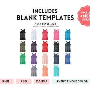 Pu&ograve; includere: Una collezione di diciassette modelli di canotte racerback in vari colori solidi, etichettati Next Level 6733. L'immagine include testo che riporta Includes Blank Templates e Includes New Colors, con etichette di formato PNG, PSD e Canva.