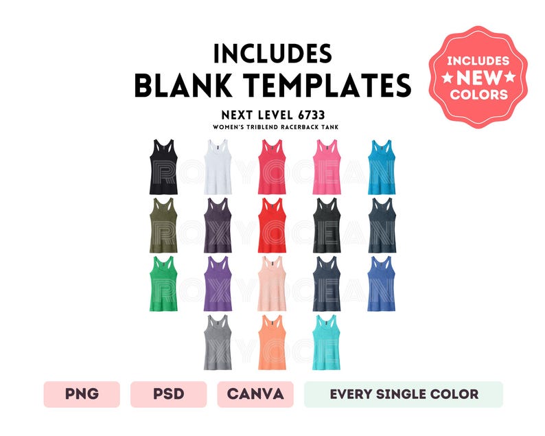 Pu&ograve; includere: Una collezione di diciassette modelli di canotte racerback in vari colori solidi, etichettati Next Level 6733. L'immagine include testo che riporta Includes Blank Templates e Includes New Colors, con etichette di formato PNG, PSD e Canva.