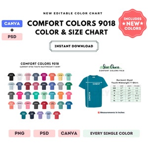 Comfort Colors 9018 Color + Size Chart | EDITABLE Canva Template | 9018 Youth Heavyweight T-Shirt | 9018 Size Chart | CANVA + PSD Editable