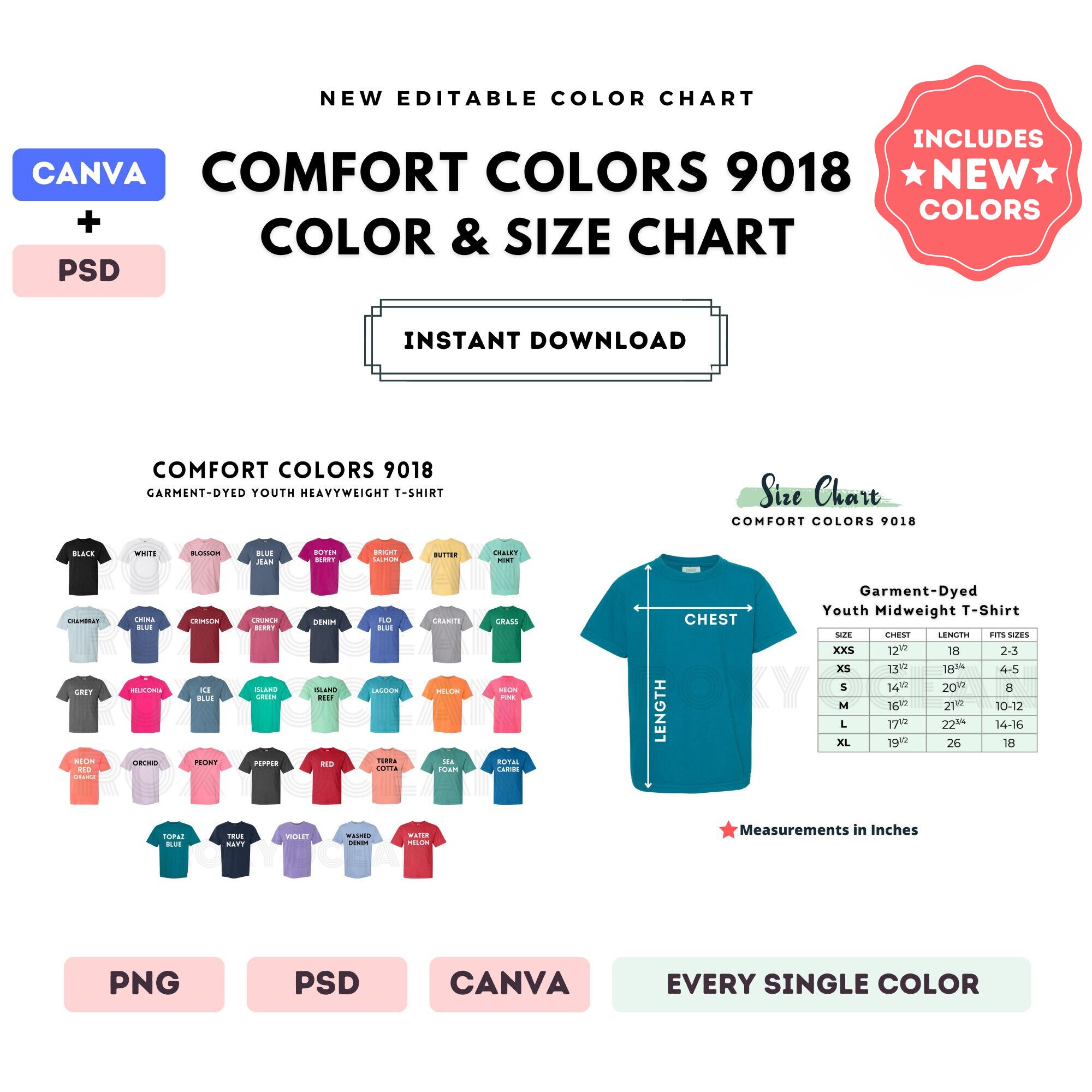 Comfort Colors 9018 Color + Size Chart | EDITABLE Canva Template | 9018 ...