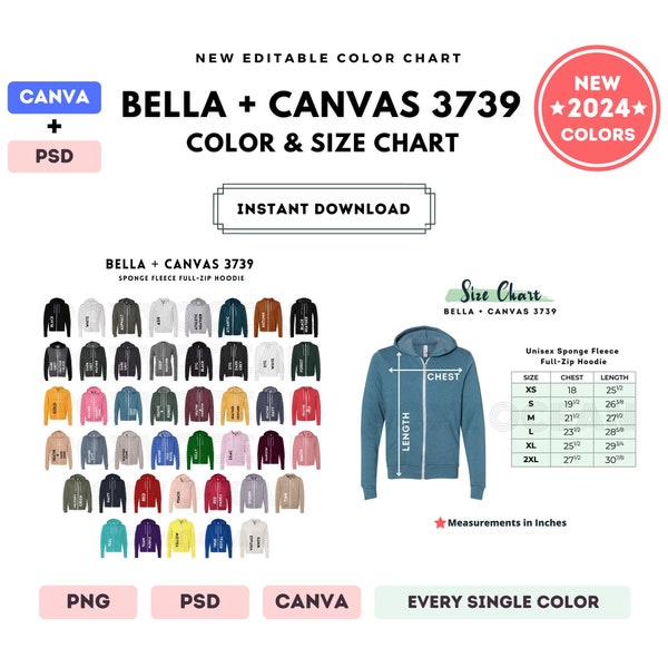 Bella Canvas 3739 Color + Size Chart | EDITABLE Canva Template | 3739 Full-Zip Hoodie | 3739 Size Chart | CANVA + PSD Editable Color Chart