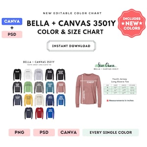 Bella Canvas 3501Y Tabla de colores y tallas / Plantilla editable de Canva / Camiseta juvenil de manga larga 3501Y / Tabla de tallas 3501Y / Plantilla CANVA + PSD