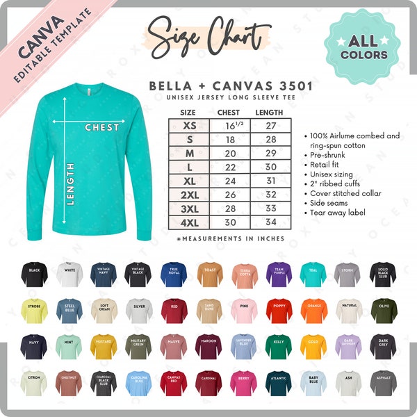 Bella Canvas 3501 Size + Color Chart | EDITABLE Canva Template | 3501 Unisex Long Sleeve Tee | 3901 Size Chart | CANVA Editable Size Chart