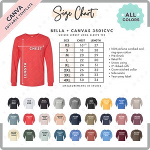 Bella Canvas 3501 CVC Talla + Tabla de colores / Plantilla Canva editable / Camiseta de manga larga unisex 3501 / Tabla de tallas 3501 / Talla editable en CANVA