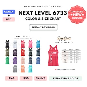 Pu&ograve; includere: Una tabella digitale di colori e taglie per canotte racerback Next Level 6733. L'immagine mostra una griglia con vari colori di canotte, una singola canotta rossa con linee di misurazione per petto e lunghezza e una tabella delle taglie da XS a 2XL.