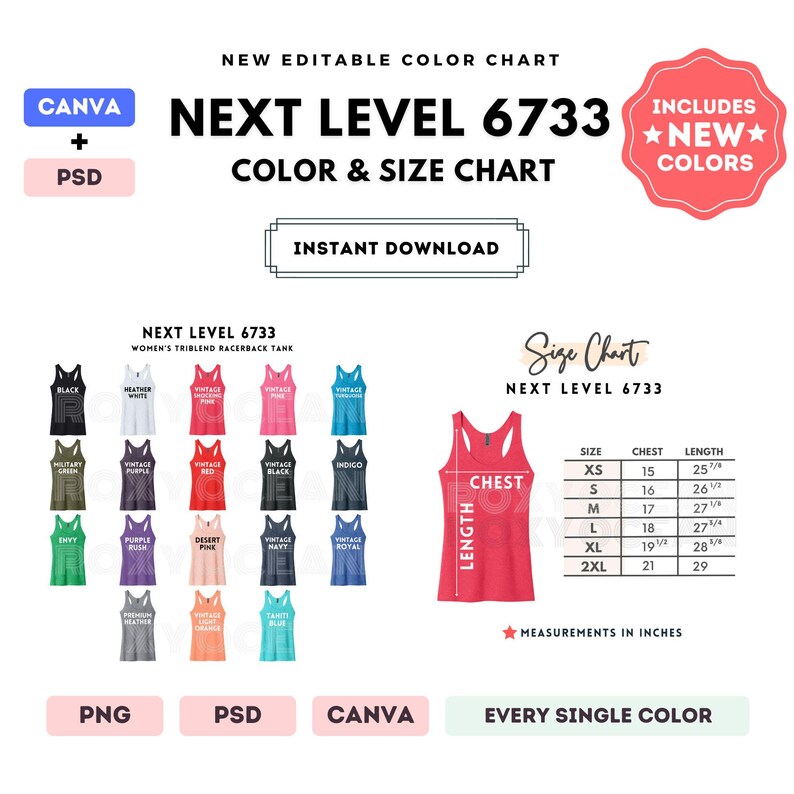 Pu&ograve; includere: Una tabella digitale di colori e taglie per canotte racerback Next Level 6733. L'immagine mostra una griglia con vari colori di canotte, una singola canotta rossa con linee di misurazione per petto e lunghezza e una tabella delle taglie da XS a 2XL.