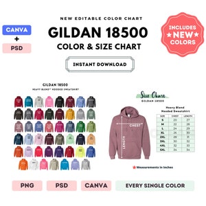 G185 Farben + Maßtabelle | EDITIERBARE Canva Vorlage | G185 Heavy Blend Kapuzen-Sweatshirt | G185 Größentabelle | CANVA + PSD bearbeitbare Farbkarte
