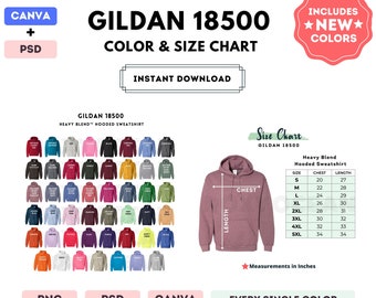 G185 Color + Size Chart | EDITABLE Canva Template | G185 Heavy Blend Hooded Sweatshirt | G185 Size Chart | CANVA + PSD Editable Color Chart