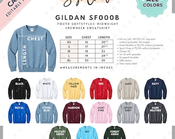 Gildan SF000B Size + Color Chart | EDITABLE Canva Template | SF000B Youth Crewneck Sweatshirt | SF000B Size Chart | CANVA Editable Chart