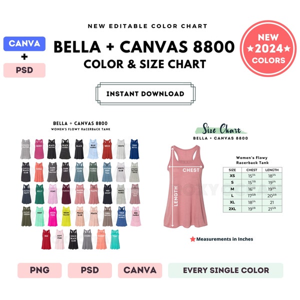 Bella Canvas 8800 Color + Size Chart | EDITABLE Canva Template | 8800 Racerback Tank | 8800 Size Chart | CANVA + PSD Editable Color Chart