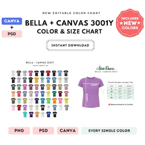 Bella Canvas 3001Y Tabla de colores y tallas / Plantilla editable de Canva / Camiseta juvenil 3001Y / Tabla de tallas 3001Y / Plantilla editable de Canva y PSD