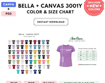 Bella Canvas 3001Y Color + Size Chart | EDITABLE Canva Template | 3001Y Youth Jersey Tee | 3001Y Size Chart | CANVA + PSD Editable Template