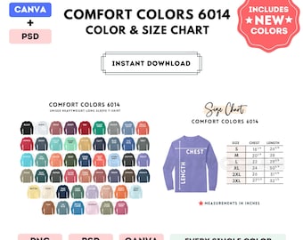 Comfort Colors 6014 Color + Size Chart | EDITABLE Canva Template | 6014 Long Sleeve Tee | 6014 Size Chart | CANVA + PSD Editable Color Chart