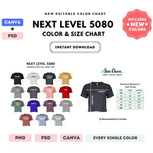 Tabla de colores y tallas Next Level 5080 / Plantilla Canva editable / Top corto para festival 5080 / Tabla de tallas 5080 / Tabla de colores editable en CANVA y PSD