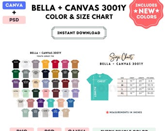Bella Canvas 3001Y Color + Size Chart | EDITABLE Canva Template | 3001Y Youth Jersey Tee | 3001Y Size Chart | CANVA + PSD Editable Template
