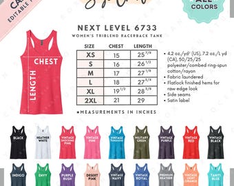 Next Level 6733 Size + Color Chart | EDITABLE Canva Template | 6733 Triblend Racerback Tank | 6733 Size Chart | CANVA Editable Size Chart